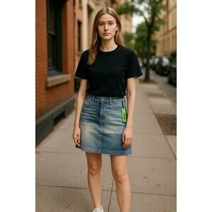 2/$30 SAM EDELMAN Patchwork Denim Skirt Size 0 NEW Blue Knee Length Stretch